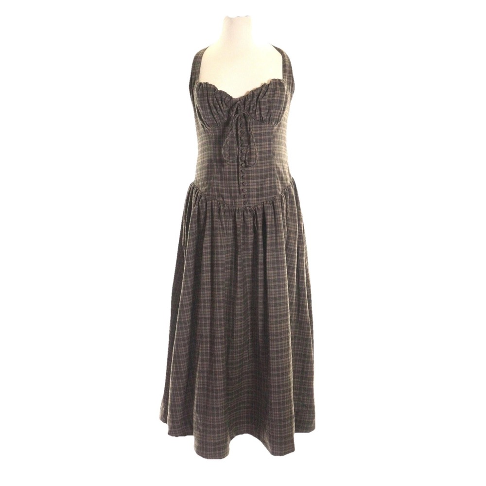 For Love & Lemons Plaid Midi Dress in Brown and Black